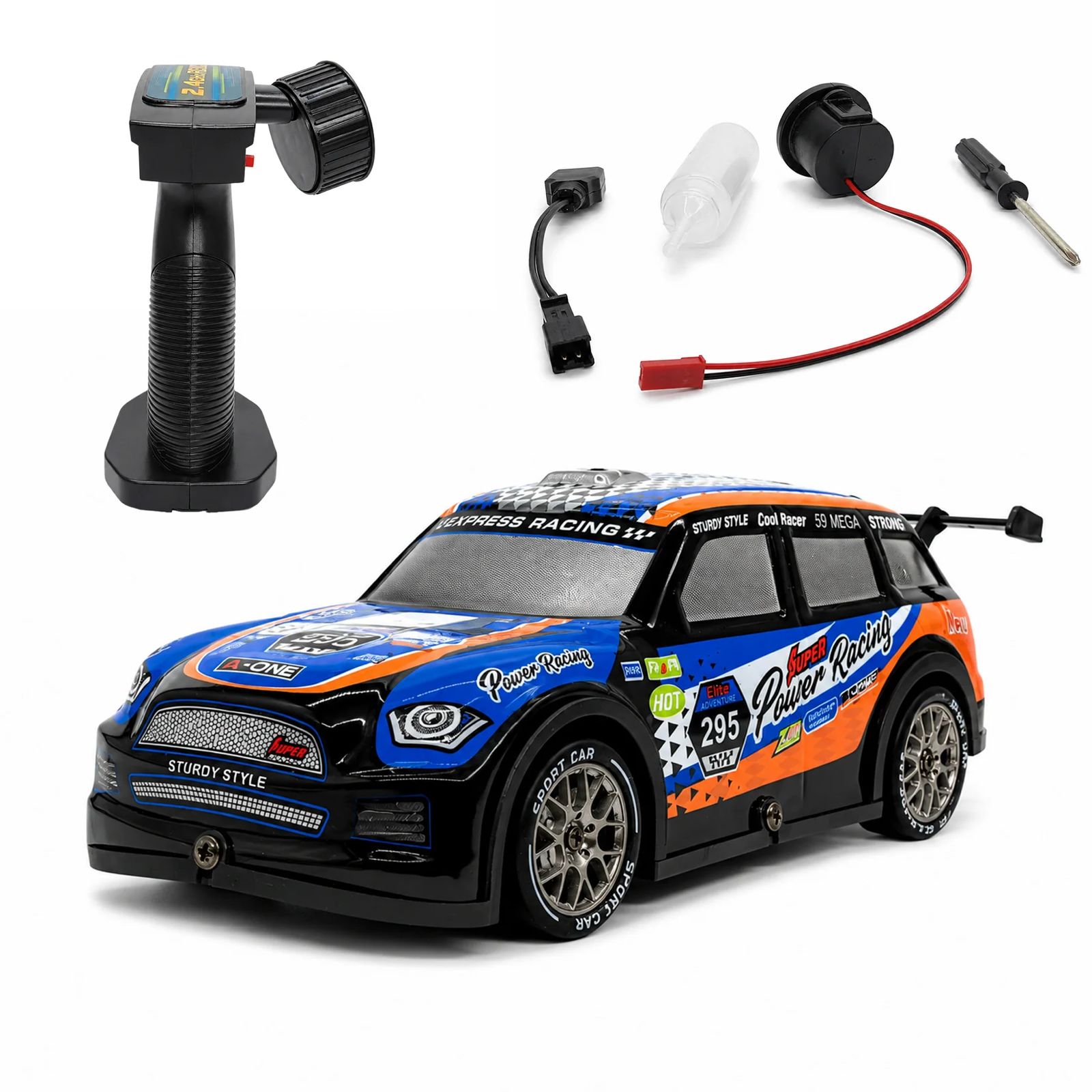 Rechargeable Remote Control Racing Car with 2.4GHz Wireless Remote, Sporty Design & Accessories – Blue/Orange