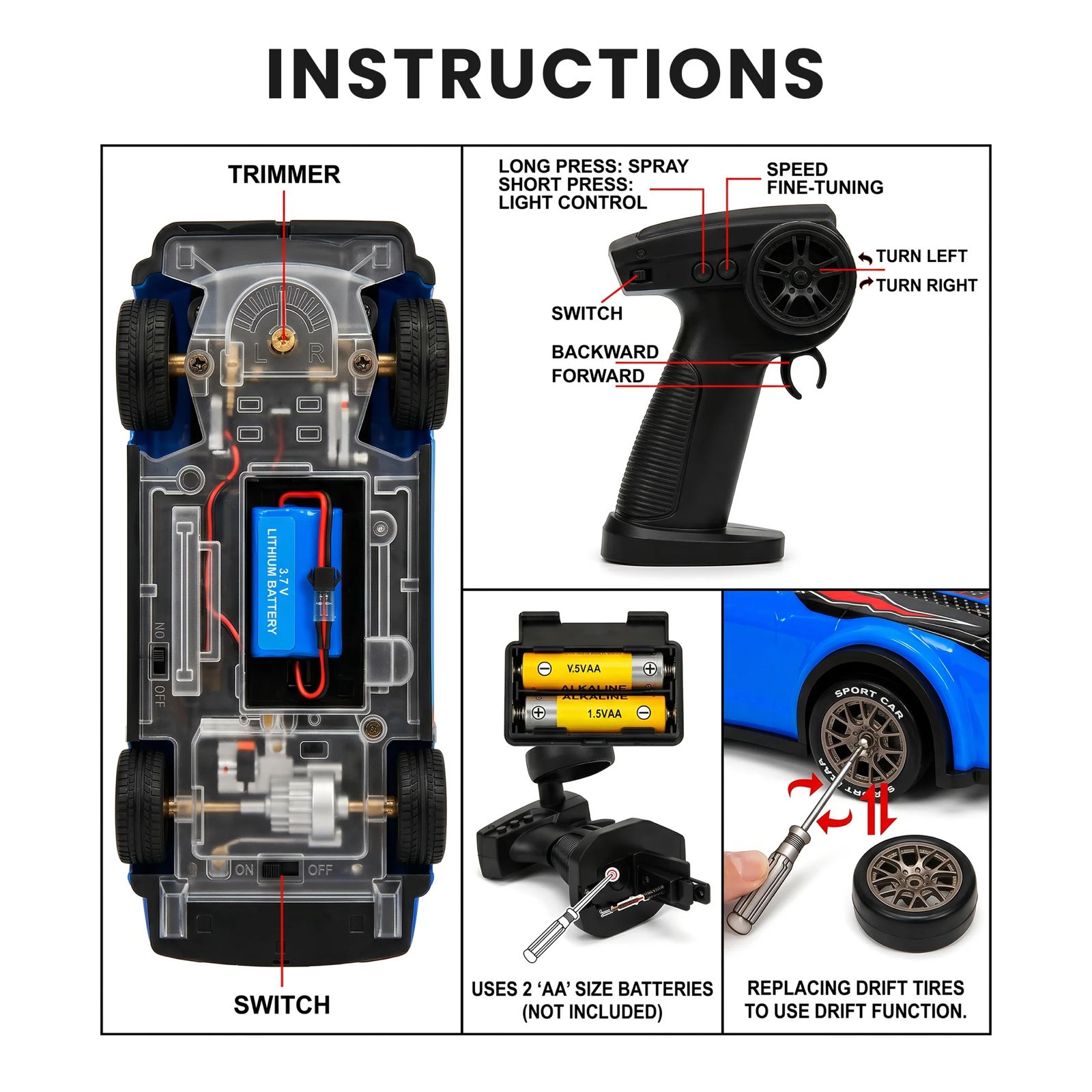 G-22 Remote Control Racing Drift Car for Kids, 3.7V Rechargeable RC Sports Car with Spray & Light Effects, Speed Control and Drift Tires