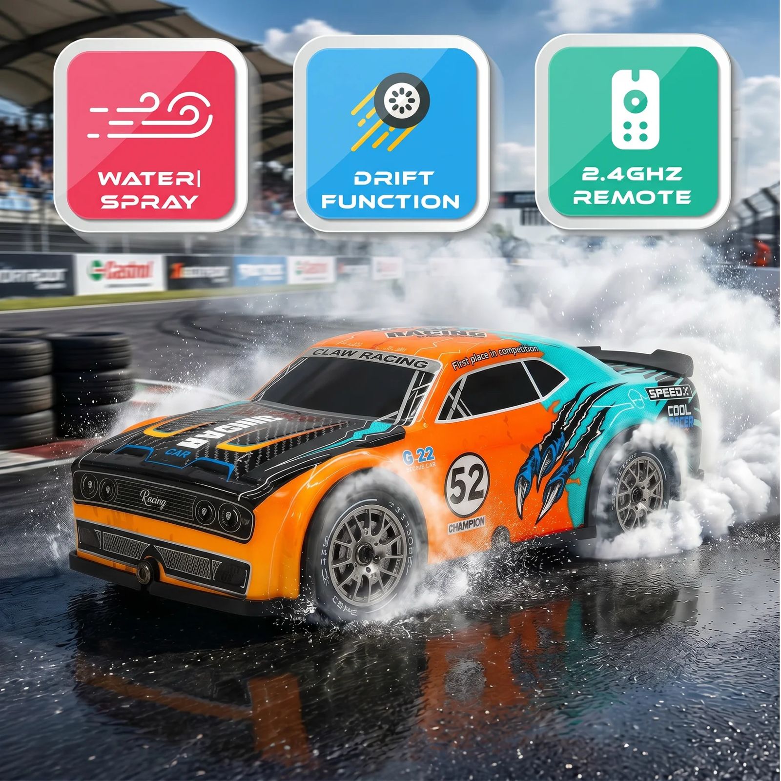 G-22 Remote Control Racing Drift Car for Kids, 2.4GHz Wireless RC Car with Water Spray, Drift Function, Light Effects, Speed Control & Rechargeable 3.7V Battery – Orange Blue Black