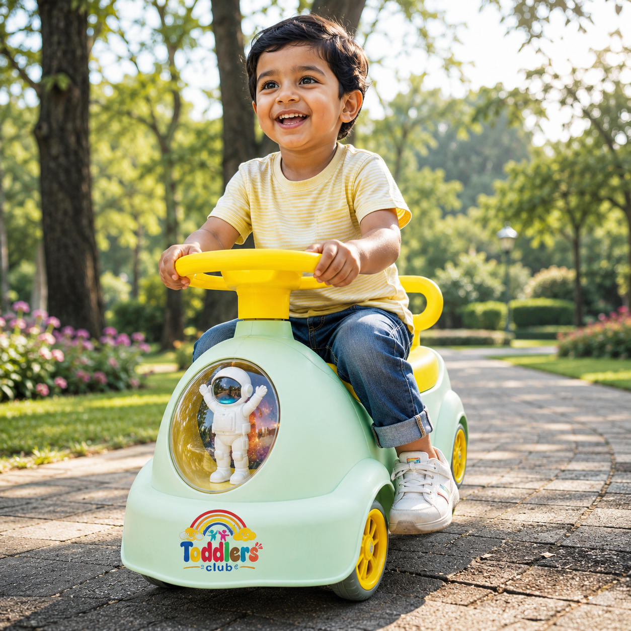 Happy toddler riding a red ride-on toy car outdoors